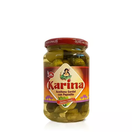 Hiszpańskie duże oliwki kr&oacute;lewskie Gordal nadziewane korniszonem